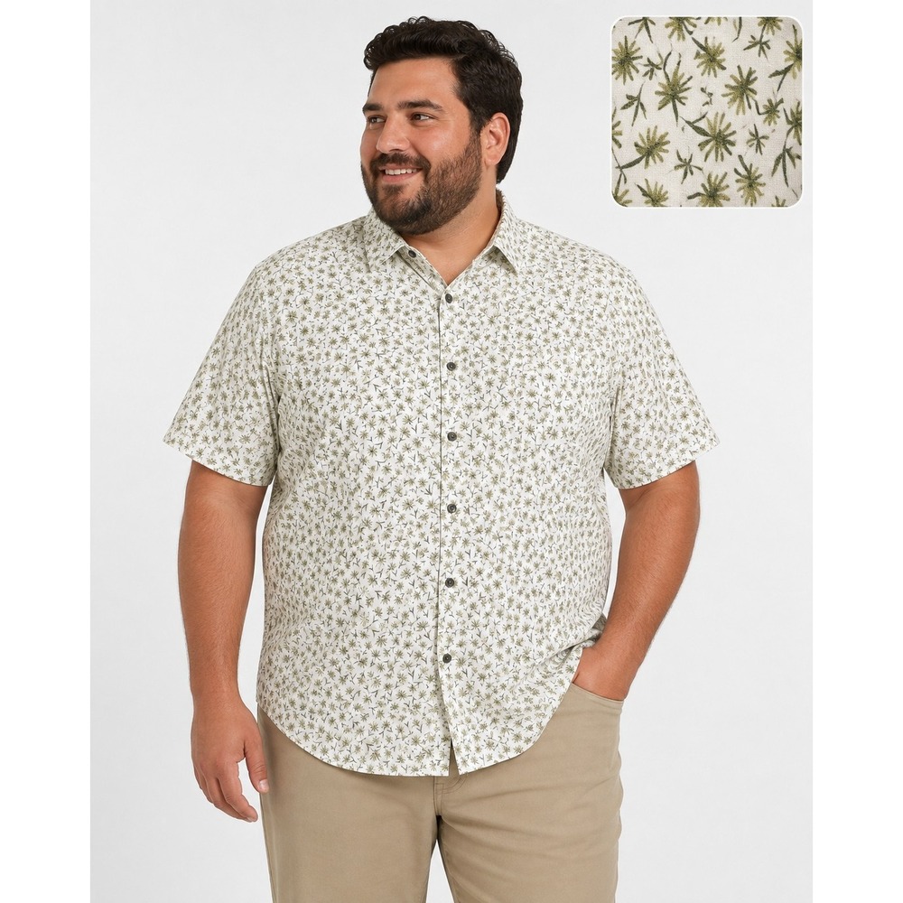 HUGO BOSS Roan Men's Shirt 3XL Green Floral Print Short Sleeve Stretch  LINEN